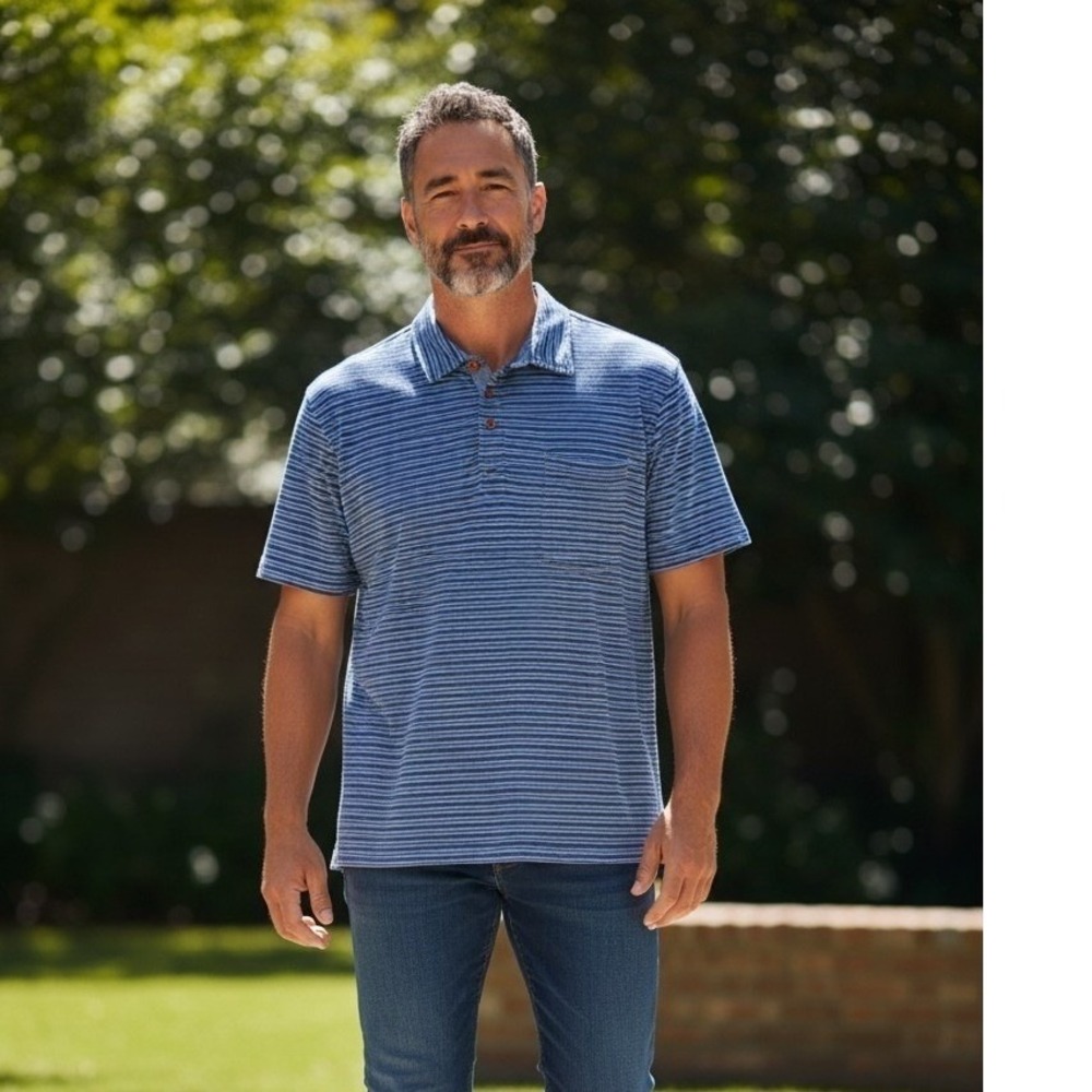 Orvis Mens XL Blue Striped Short Sleeve Cotton Polo Shirt Chest Pocket